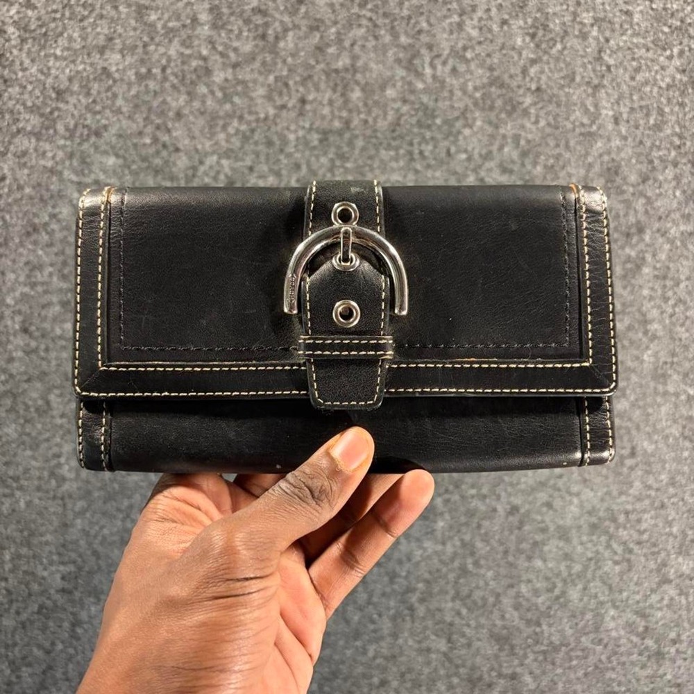 Coach Black Leather Buckle Slim Trifold Wallet Card Holder Designer Accessory